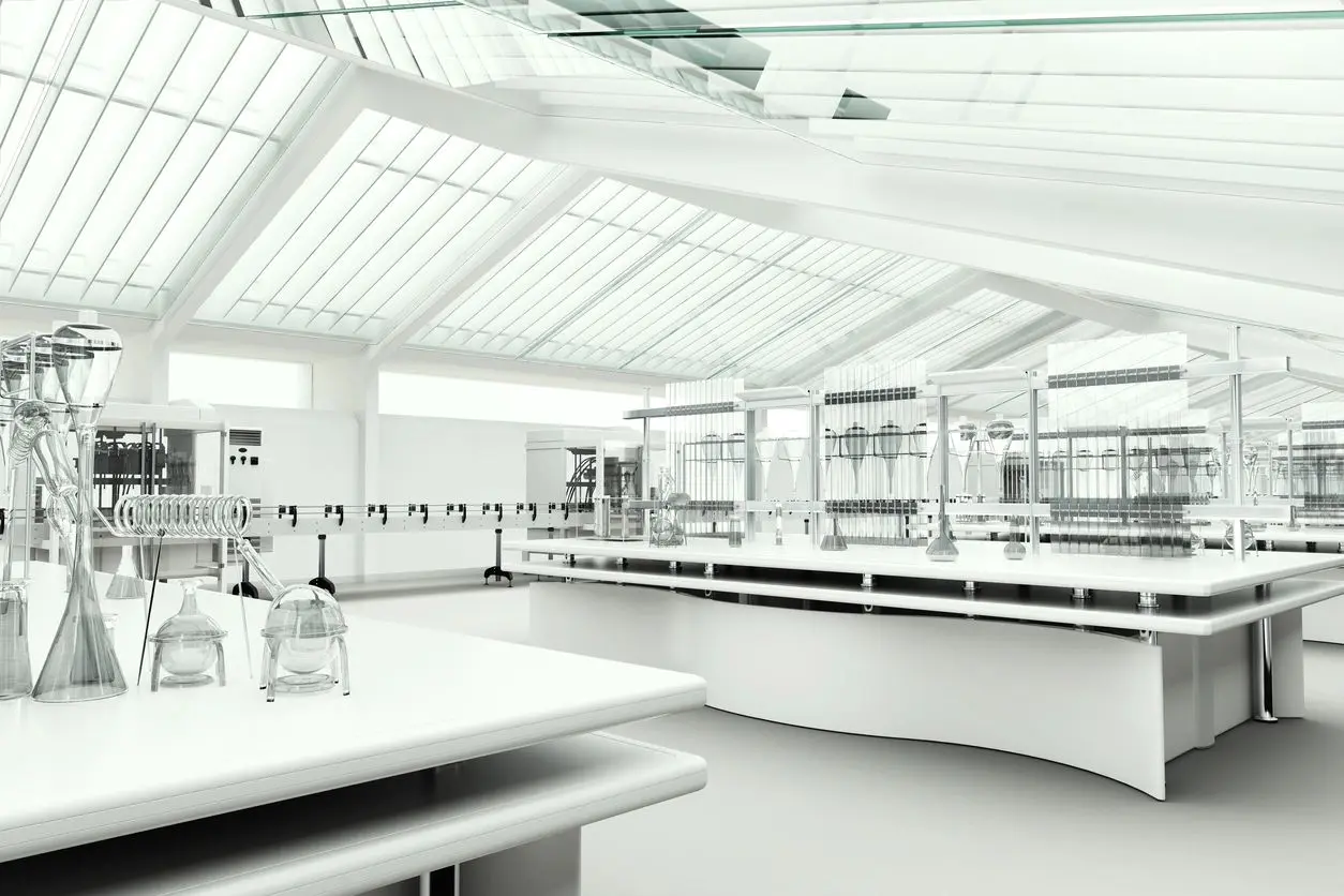 A white room with many glass shelves and tables.